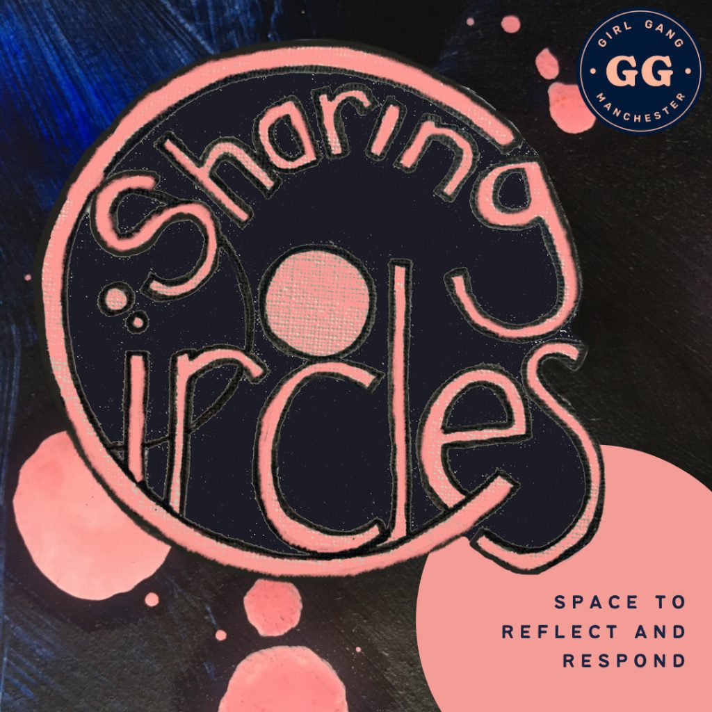 Sharing circles logo, light pink handwritten sharing circles text over a dark blue background