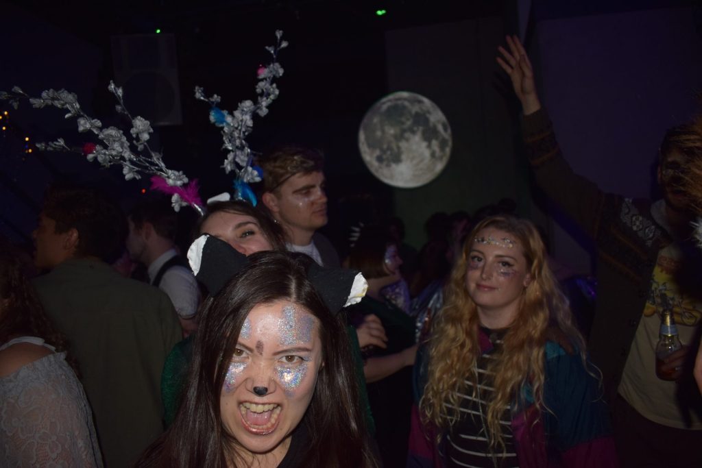 A group of people at a party, some wearing animal-themed face paint and costumes, are enjoying themselves. Decorative antlers and face glitter are visible. The background features a moonlit night theme with a large moon mural.