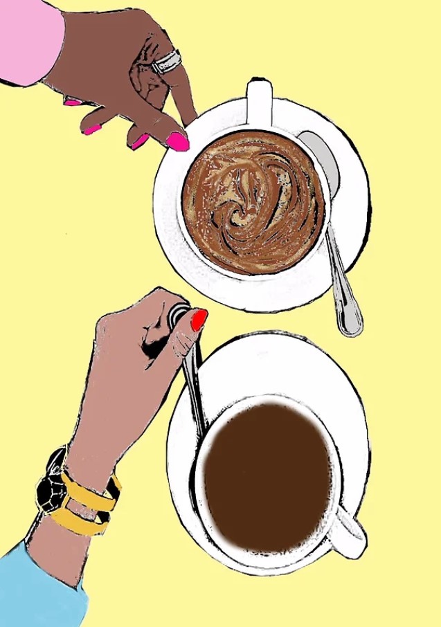 Illustration of 3 cups of coffee with hands holding the cups